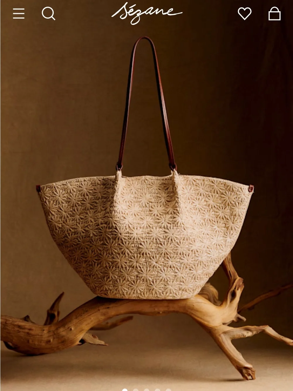 Sezane MARA BASKET in NATURAL RAFFIA EMBROIDERY tote Bag/Brown Leather Handles